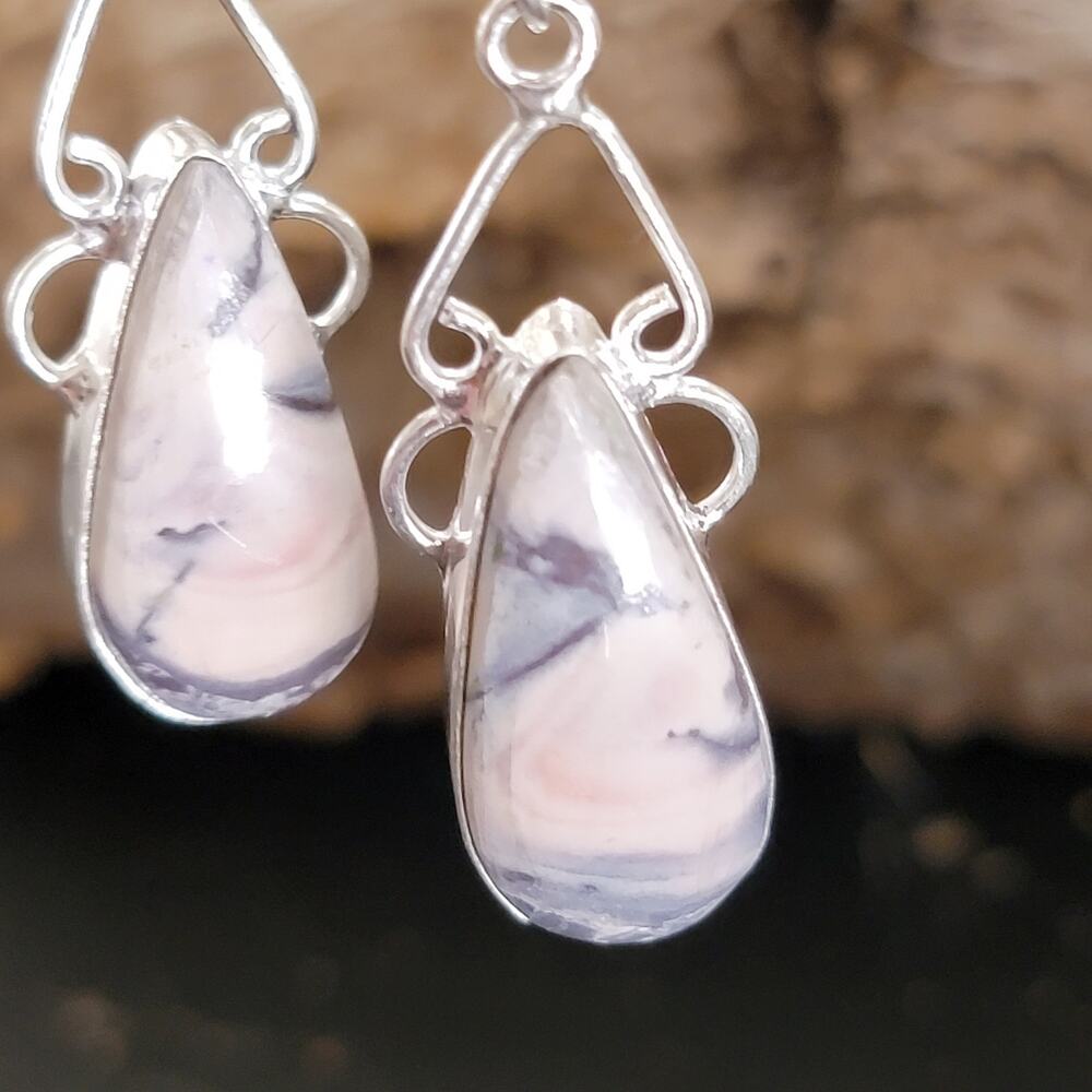 Sterling Silver Marble Teardrop Dangle Earrings Handmade 1.44 Inch Stone Drops - Picture 7 of 9